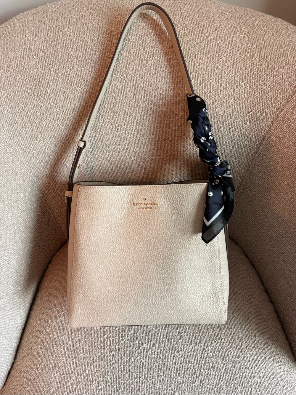 kate spade Cream Pebbled Leather Shoulder Bag with Black Scarf Accent